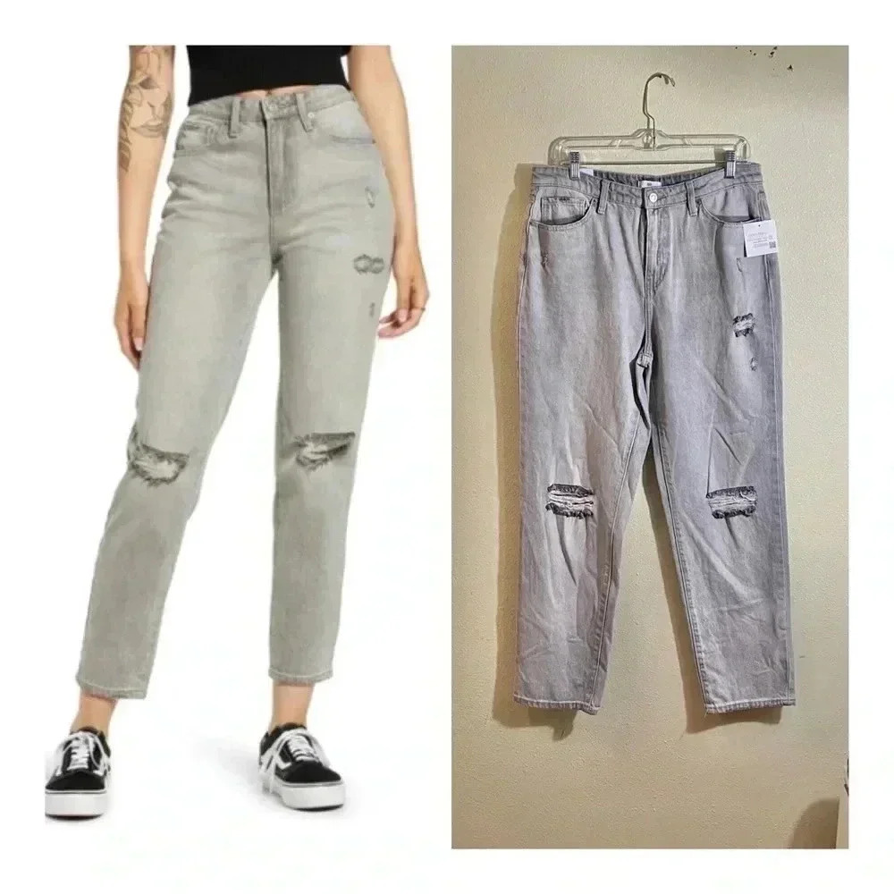 BP Mom Jeans Size 33 High Rise Distressed Gray Washed No Stretch Denim NEW